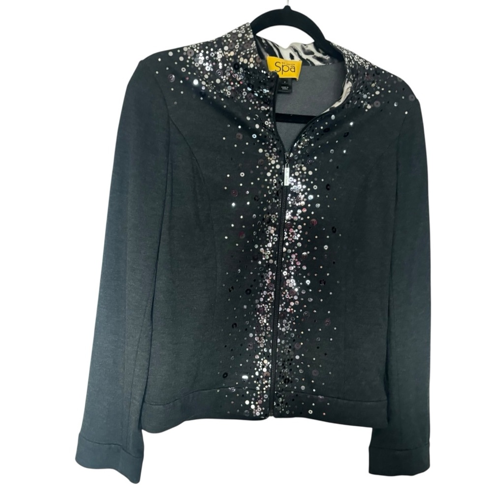 ST JOHN Womens Gray Cardigan Jacket Sequin Embellishments SZ S Petite Party Chic - Picture 2 of 7